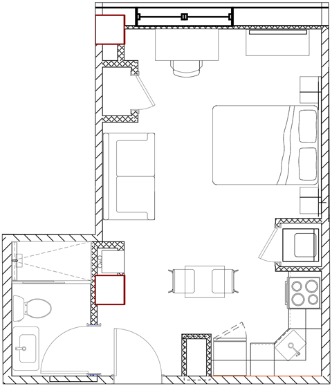 Floor plan for studio, 1 bath, 360 sqft